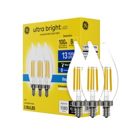 GE Ultra Bright LED Light Bulbs, 100W, Daylight Candle Lights, Clear Decorative CA12 Light Bulbs, Candelabara Base (3 Pack)