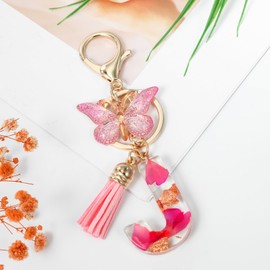 MWOOT Alphabet Initial Letter J Keychain Fashion Key Ring,Alphabet Petals Gold Foil Resin Keyring Charm with Butterfly Tassel Pendant,Pink Key Chain for Women Gift Purse Bag Handbag Decoration(J)