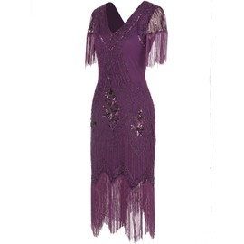 MISSCHEN 1920s Plus Size Great Gatsby Themed Roaring Dresses Flapper with Sleeve YLS018 2XL Purple