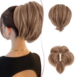 SEGO Claw Clip Ponytail Hair Extensions Bendable Metals Messy Bun Hair piece Straight Hairpieces Claw on Ponytail, Light Brown & Ash Blonde