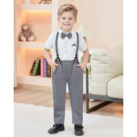 ZOEREA Boys Suit Gentleman Wedding Ring Bearer Outfit Formal Dress Shirt with Bow Tie and Suspender Pants (Gray,8-9 Years)