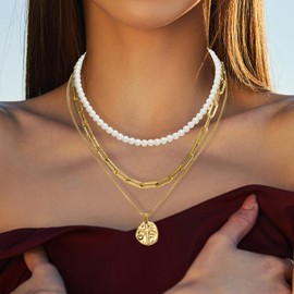 Faith Cross Layered Necklace 3 Layer 18K Gold Plated Pearl Cross Pendant Set Spiritual Strength Jewelry Gift for Women