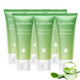 Aloderma 99% Organic Aloe Vera Gel Made within 12 Hours of Harvest, Refreshing Travel Size Aloe Vera Gel for Face & Body, Cooling & Soothing Support for Skin & Sunburn, Hydrating Aloe Gel, 1.5oz - 6ct