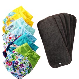 Asenappy Cloth Diapers 6 Pack with 6 Inserts & 1 Wet Bag - Waterproof Cover, Washable, Reusable & One Size Adjustable Pocket Diapers for Newborns and Toddlers (Bear Set)