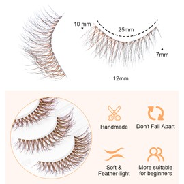 Brown False Eyelashes, 10 Pairs Reusable C-Curly Cat Eye Wispy Lashes, Faux Mink Cat Eye Lashes with Clear Band for Beginners & Professionals