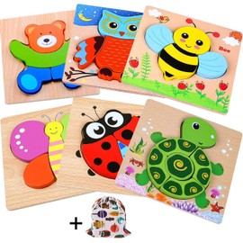 Wooden Toddler Puzzles, 6 Pack Animal Wooden Jigsaw Puzzles for Kids Baby Boys Girls Brain Development Preschool Learning Educational Toy, Extra Drawstring Bag for Easy Storage