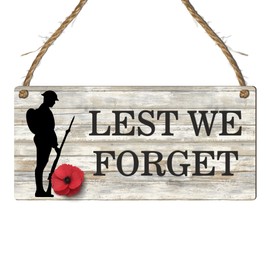 "Lest We Forget" Remembrance Day Plaque - Soldier Silhouette and Vibrant Poppies on Grey Wooden Background - Ideal for Indoor Display, Measures 19cm x 9cm