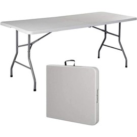 Ezone Indoor Outdoor Heavy Duty Portable Folding Plastic Dining Table w/Handle, Lock for Picnic, Party, Camping - White (8 Ft)