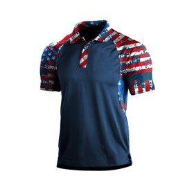 H HYFOL Short Sleeve Polo Shirts for Men Star Patchwork Graphic Stretch Casual American Patriotic Raglan Golf Polos for Men(Blue,XL)