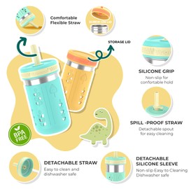 Tronco [2 Pack] 10 oz 2-in-1 Stainless Steel Kids Tumbler Cups with Silicone Sleeves, Spill-Resistant Flexible Straws & Storage Lids, BPA-Free Smoothie and Snack Cups, Dishwasher Safe