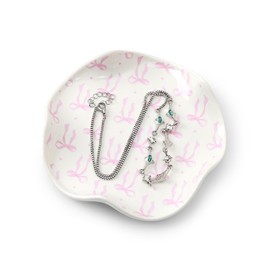 Koythin Ceramic Jewelry Tray, Aesthetic Ring Dish, Small Checkered Trinket Holder, Modern Cool Stuff for Room Decor, Vanity Essentials for Women Dorm Room Bedroom Bathroom （Pink Bow）