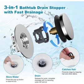 Hibbent 3 in 1 Metal Bathtub Drain Stopper, Universal Pop Up Tub Stopper, Bathtub Drain Hair Catcher, Removable Filter Basket, Anti-Clogging Drain Plug for 1.5''~2.4'' Drain, Brass Bullet Core, Chrome