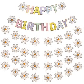 6PCS BMYUK Happy Birthday Banner Daisy Flower Paper Banners Boho Party Decorations for Nursery Parties Home Decor