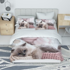 MIQEBX Cute Cat Bed Linen Set 135 x 200 cm for Girls Boys Children 3D Pet Cat Microfibre Brown Duvet Cover Set Funny Animal Printed Bedding Set Children's Room Decor