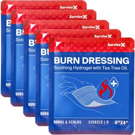 SurviveX Apósitos de hidrogel para quemaduras con aceite de árbol de té - 10 x 10 cm, estériles y antiadherentes - Primeros auxilios de emergencia para enfriamiento, alivio y calma instantáneos - Paqu