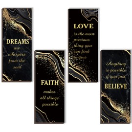 ONIZHITY 4 Pcs Black and Gold Bathroom Decor Gold Wall Decor with Dreams Faith Love Believe Wooden Rustic Marble Style Versatile Bathroom Accessories for Bedroom Living Room Kitchen(Black Gold 10X4)