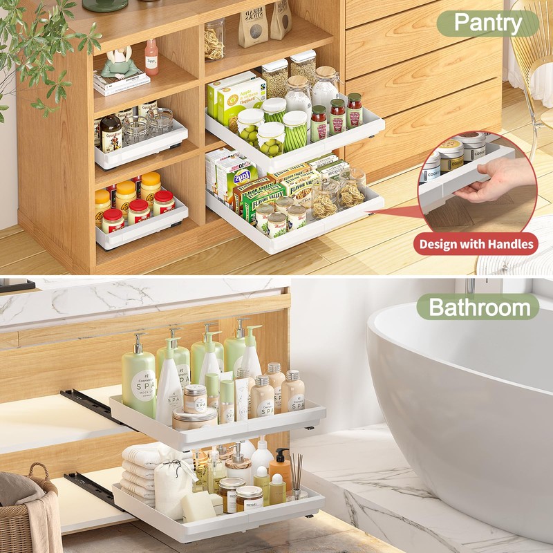 DOMNIU 2 Pack Pull Out Cabinet Organizers Expandable, Plastic Slide