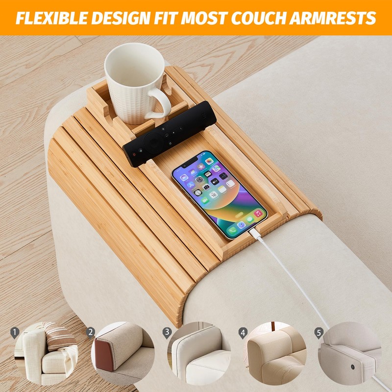 GEHE Bamboo Couch Cup Holder, Anti-Spill Sofa Arm Tray, Natural