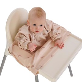 BIBaDO Long Sleeve Coverall Bib – Babies & Toddlers 6-36. Mess Proof Baby Feeding Bib Attaches To Highchairs, Pushchairs, Tables. 100% Waterproof, Machine Washable (Happy Hares)