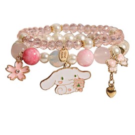 Crystal Bead Bracelet Cartoon Cinnamoroll bracelets Cute Kawaii Elastic Matching Beaded Bracelets for Women(A, adjustable)