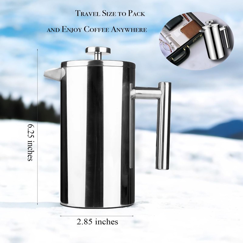 Small Stainless Steel French Press, 12oz Dual-Filter Coffee Plunger Pot