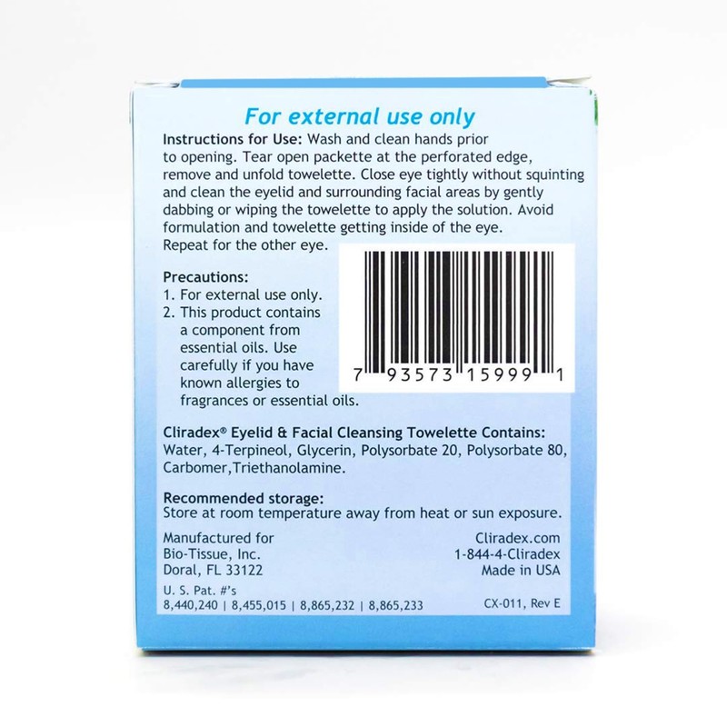 Cliradex Towelettes - Natural Face, Eyelash & Eyelid Cleanser -