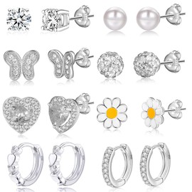 8Pairs 925 Sterling Silver Earrings for Girls Women Hypoallergenic Earrings Tiny Heart Hoop Earrings CZ Ball Butterfly Daisy Stud Sets for Teen Kids Toddler Pink Silver