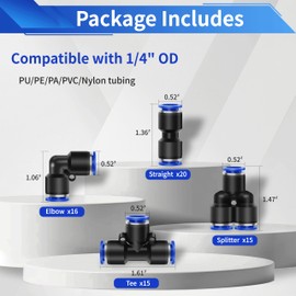 Sweezwon 67Pcs 1/4" Push to Connect Air Hose Fittings Kit, Pneumatic Quick Connects (15 Splitters+15 Tees+16 Elbows+20 Straights) + Tubing Cutter, Air Line Fittings for 1/4" Tube