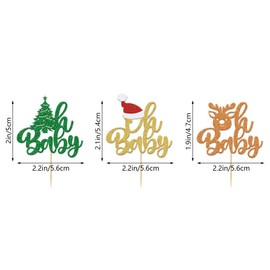24Pcs Christmas Oh Baby Cupcake Toppers Glitter Christmas Tree Reindeer Santa Hat Baby Shower Birthday Cupcake Picks for Christmas Theme Baby Shower Kids Birthday Party