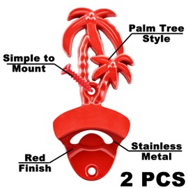 Jumiok Red Palm Tree Bottle Opener Wall Mounted Stainless Beer Cap Opener Mountable (Pack of 2)