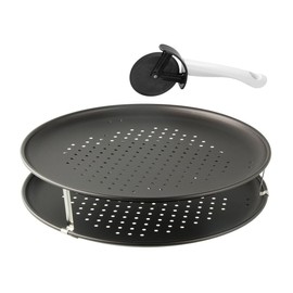 Zenker 7512 Pizza Set 3-Piece Pizza Trays, Pizza Cutter, Pizza Tray Round (Diameter 32 cm) Perforated, Includes Pizza Cutter and Holder, for Pizza, Tarte Flambée, Black