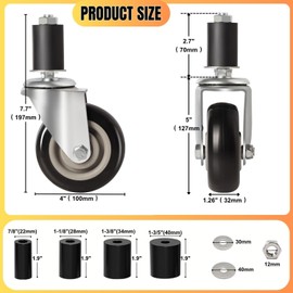 4 inch Prep Table Casters Set of 4 for Commercial Kitchen Prep Tables, Expanding Stem Caster Wheels for Table Legs Fit 7/8",1-1/4",1-1/2"and 1-5/8" Inner Diameter Leg Tube Adapter Caster(Without Brake
