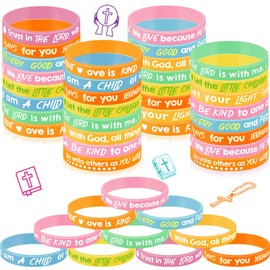 Gueevin 60 Pcs Bible Verse Bracelets for Kids Christian Scripture Bracelets Jesus Wristband Religious Motivational Kids School Gifts Classroom Prizes(Light Color)