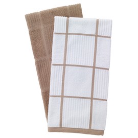 T-fal Solid & Checked Parquet Kitchen Towels: Highly Absorbent, Super Soft Long Lasting - 100% Cotton, 16"x26" Dish Towels for Cleaning & Drying Dishes, Pans, Glassware, or Countertops, (2-Pack), Sand