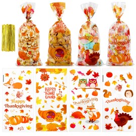 Thanksgiving Treat Bags 100 Pack - Fall Cellophane Goodie Bags With Maple Leaves Pumpkin Design - Candy Gift Bags With Twist Ties for Autumn Party Favor Supplies Decoration