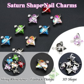 YAEISM 3D Heart Nail Charms 6 Color Planet Nail Gems with Nail Rhinestones Sliver Crystal Shiny Saturn for Nail Art and DIY Crafts Decoration