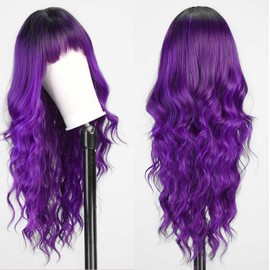 EMMOR Purple Wigs with Bangs Curly Synthetic Women's Wig Long Heat-Resistant Wig for Daily Use Natural and comfortable