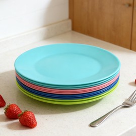 YUYUHUA Plastic Plates Reusable 10 inch - Kitchen Flat Dinner Plate - Dishwasher Safe & Microwavable Plates set of 12 - Kids Stacking Colorful for Indoor Outdoor (BPA Free)