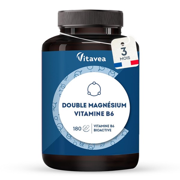 Vitavea Double Magnesium Vitamin B6 – Magnesium Bisglycinate – Highly Dosed 300 mg – High Assimilation – Stress, Fatigue, Sleep – 180 Vegetable Capsules – 3 Months – Vegan – Made in France