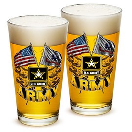 Erazor Bits Army US Army United States Armed Double Flag Army - Classic Premium Beer Pint Glasses 16 Ounce - Set of 2 - Highball Cocktail Mixing Glass - Perfect for Cold Beverages - With Logo