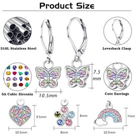 Kakonia 4 Pairs Dangle Earrings for Girl Women Hypoallergenic Stainless Steel Cute Earrings Set Rainbow Star Heart Flower Butterfly Multicolored Zirconia Leverback Hoop Dangle Earrings for Kids