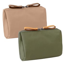 2pzs Bolsa de Maquillaje para Mujer, 16×10cm Cosmetiquera de Viaje para Maquillaje,Neceser de Maquillaje Impermeable para Mujer,con Cremalleras Dobles y Compartimentos Internos (Verde + Caqui)