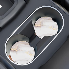 Car Cup Holder Coaster, Car Coasters for Cup Holders, 2 Pack Universal Anti Slip Insert Absorbent Ceramic Car Coaster with A Finger Notch & Cork Base, Car Interior Accessories(White Gold Marble)