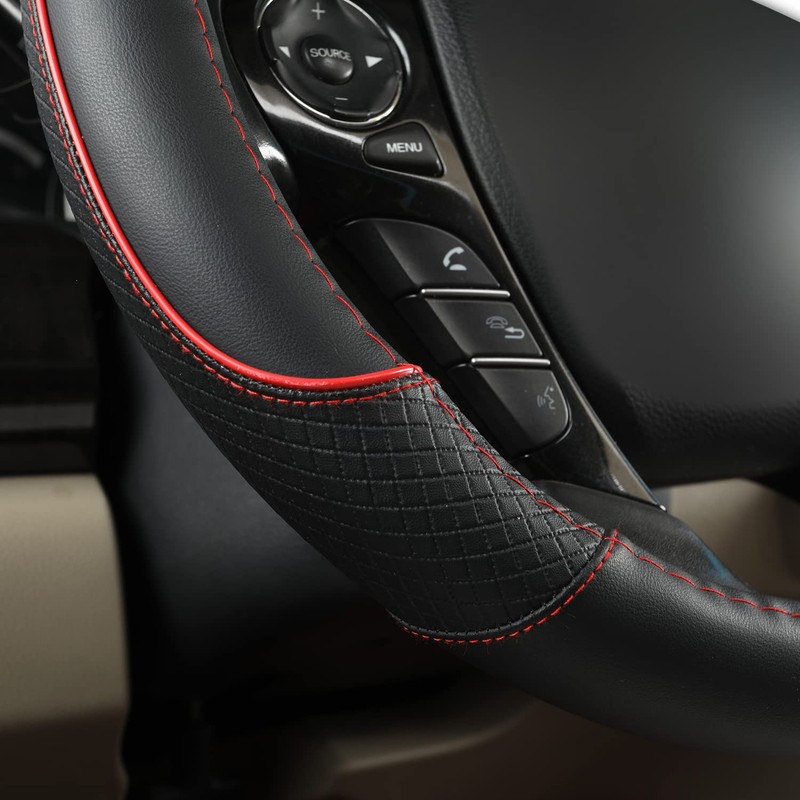 GIANT PANDA Microfiber Leather Steering Wheel Cover for Honda Accord,Civic,CR-V,HR-V,Pilot(Diamond-Pattern-Black+Red