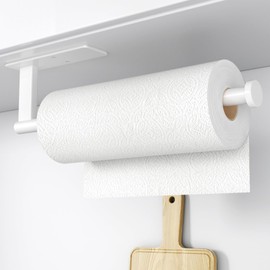 Paper Towel Holder Under Cabinet - Stainless Steel Paper Towel Holder Wall Mount, Self-Adhesive or Drilling, Matte White Towel Rack for Kitchen Organization and Storage, Kitchen Paper Roll Holder
