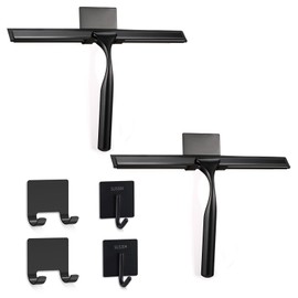 2 Pack All-Purpose Stainless Steel Shower Squeegee with 2 Adhesive Hooks, for Shower Doors, Bathroom, Window, Mirror, Glass, Tile Wall, Car Windshield Cleaning Tool, 10 Inch, (Black)