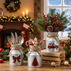 Domensi 6 Pcs Christmas Flower Vases for Table Centerpieces Bulk 5.12 Inch Rustic Metal Galvanized Flower Buckets with Bow Farmhouse Buffalo Plaid Xmas Milk Can Jug for Kitchen Dining Table Decor
