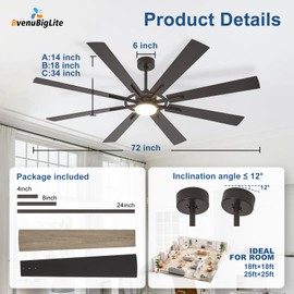 BvenuBigLite Large Ceiling Fans with Lights: Modern 72 Inch 8 Blade Outdoor Ceiling Fan with Remote APP Control - Dimmable Black Big Fan light Indoor Reversible 6 Speed Quiet DC Motor