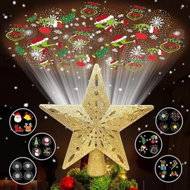 Christmas Tree Topper Star Lighted with 6 Projection Modes Projector Built-in LED Rotating Lights Party Christmas Decorations (Gold) - Colour: Gold