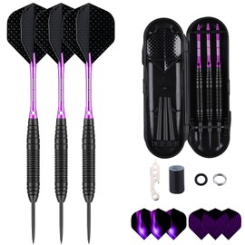 sanfeng Professional 3 Pack 22 Grams Steel Tip Darts Set With Purple Aluminum Shafts 9pcs Standard Flights + 50pcs Rubber O-Rings + 12pcs Spring Rings + 1pcs Dart Sharpener Tool